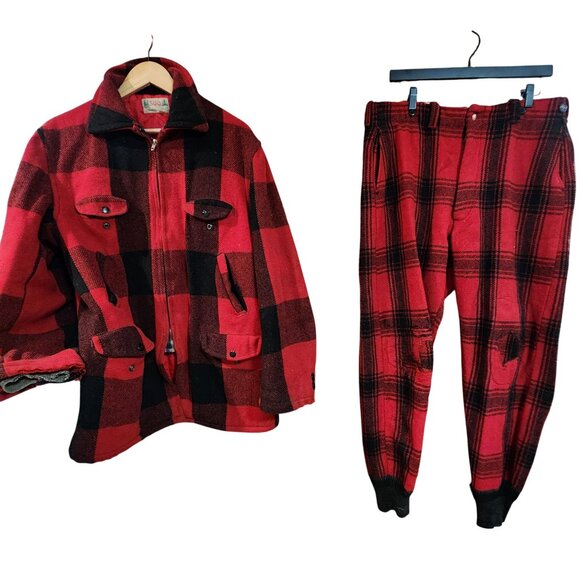 Vintage Soo Red & Black Checkered Plaid Wool Jacket & Pants Set Size 40 With Zip - Picture 1 of 7